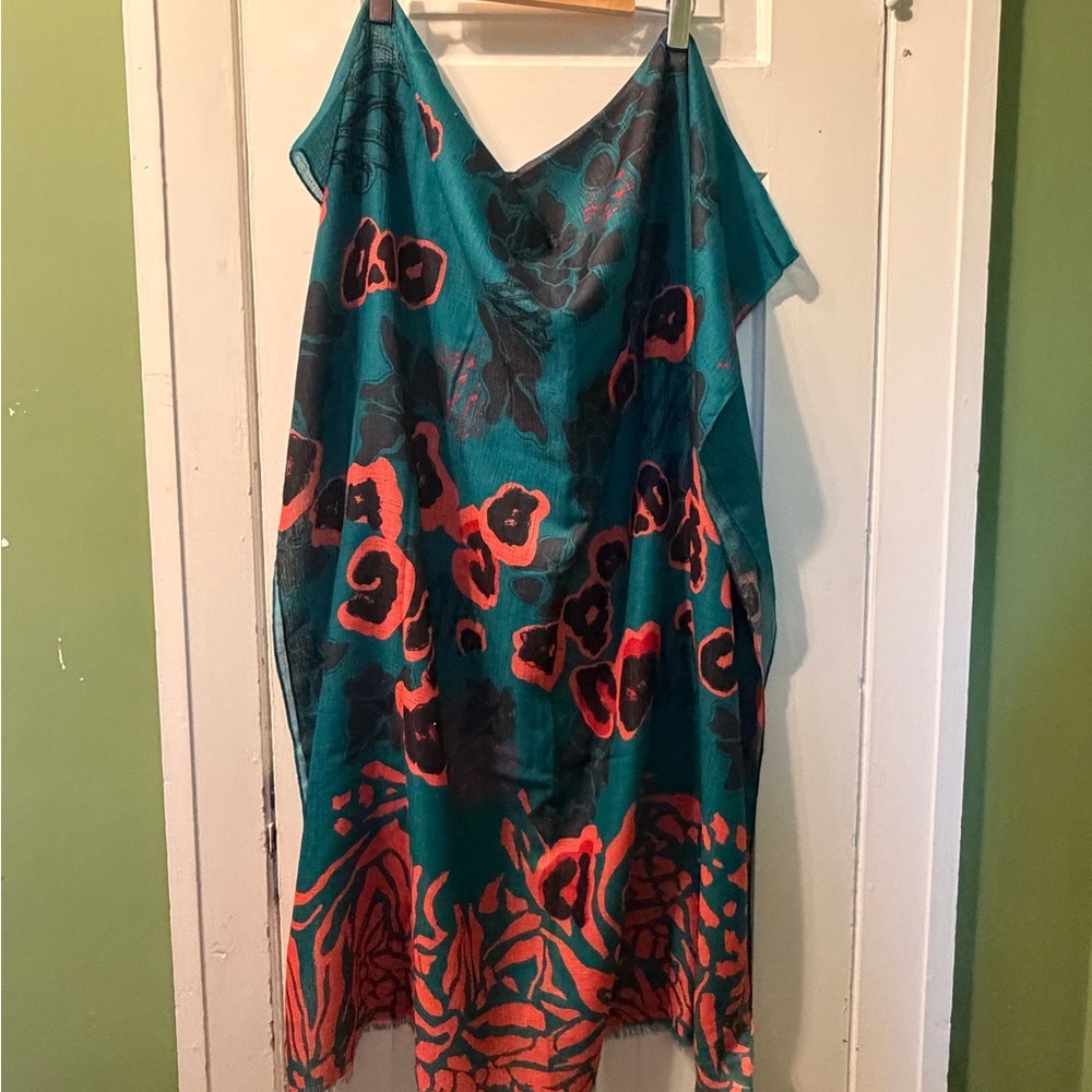 Silk-Feel Teal & Coral Floral Wrap Scarf